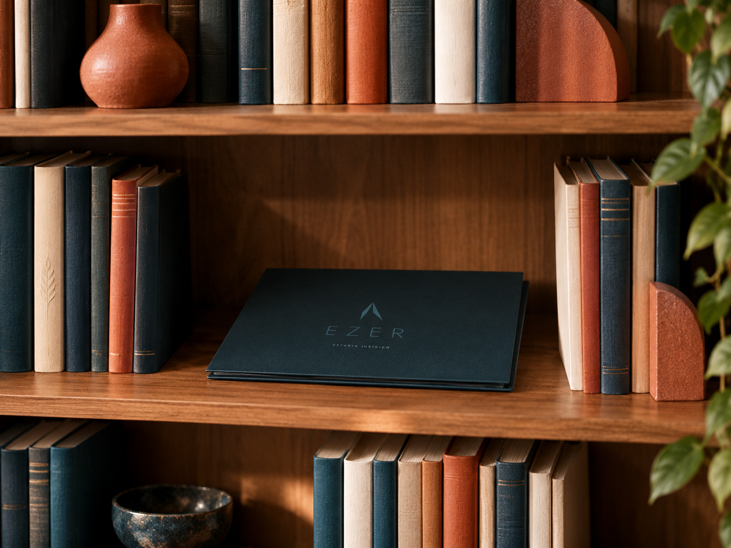 Estantería con libros en los colores de la marca y un cuaderno de Ezer