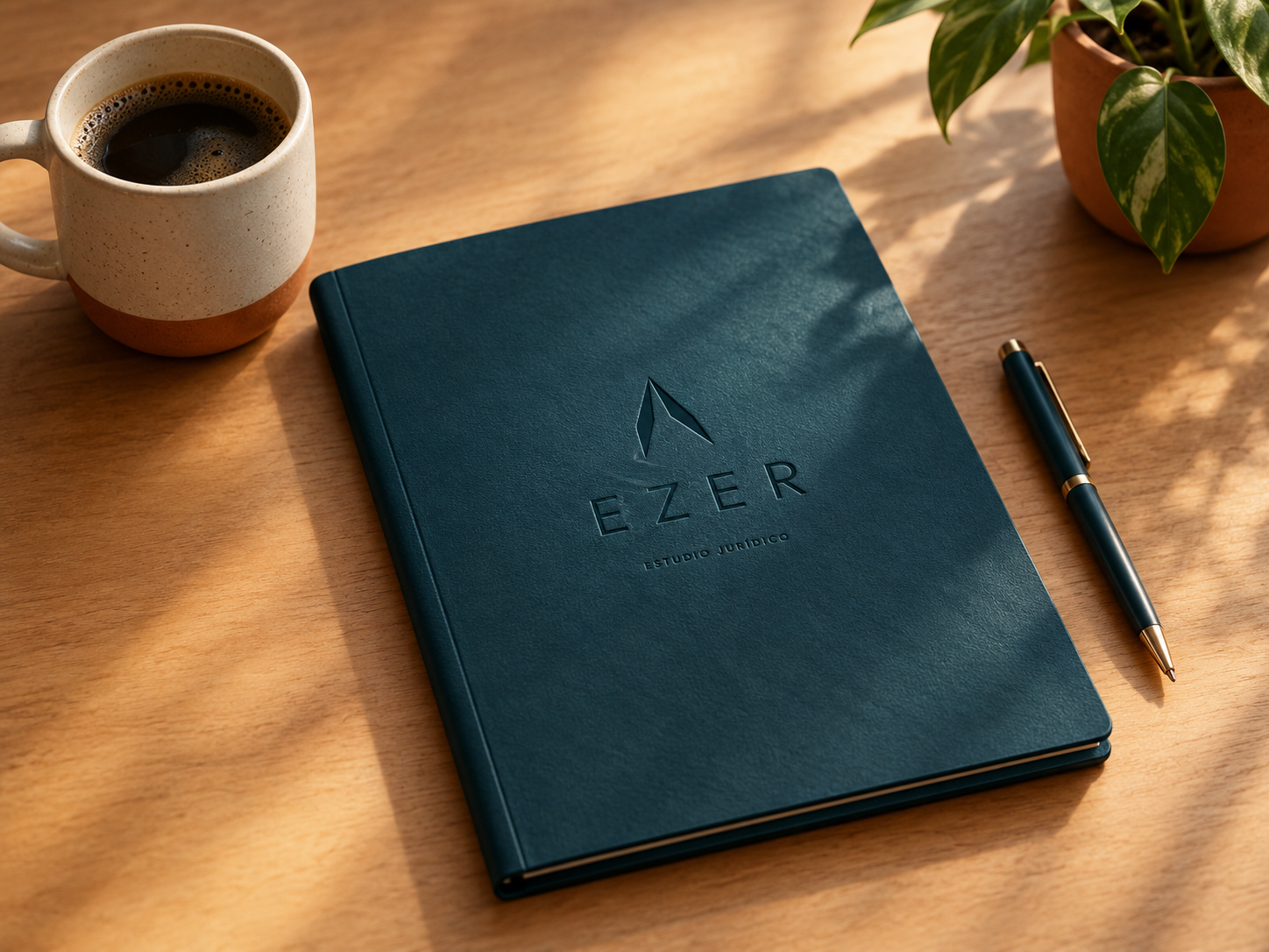 Escritorio con un cuaderno de Ezer, café y una planta